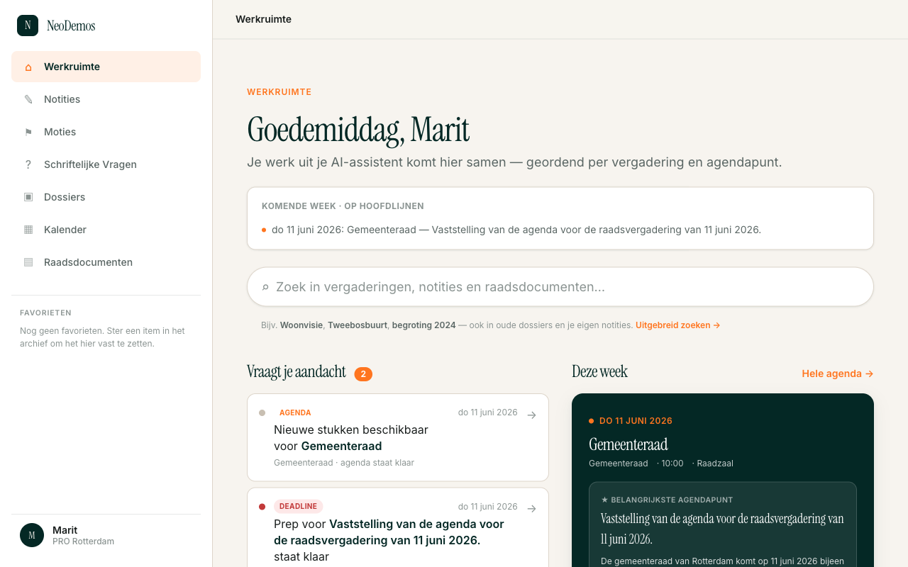 De NeoDemos werkruimte: per agendapunt een onderbouwde fractienotitie